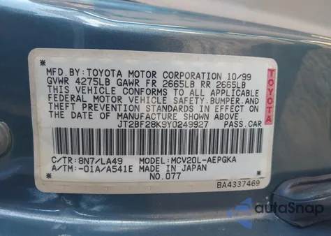 2000 Toyota Camry Xle V6 z USA, uszkodzony, nr VIN JT2BF28K9Y0249927